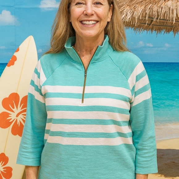 Lands' End Tops - Lands' End Teal and White Striped quarter zip Pullover - Beachy Vibes